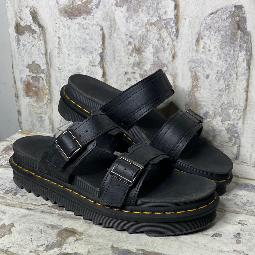 Dr. Martens Black Leather Double Strap Platform Sandals with Yellow Stitching